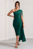 Yara Bottle Green One Shoulder Cape Ruched Midi Dress