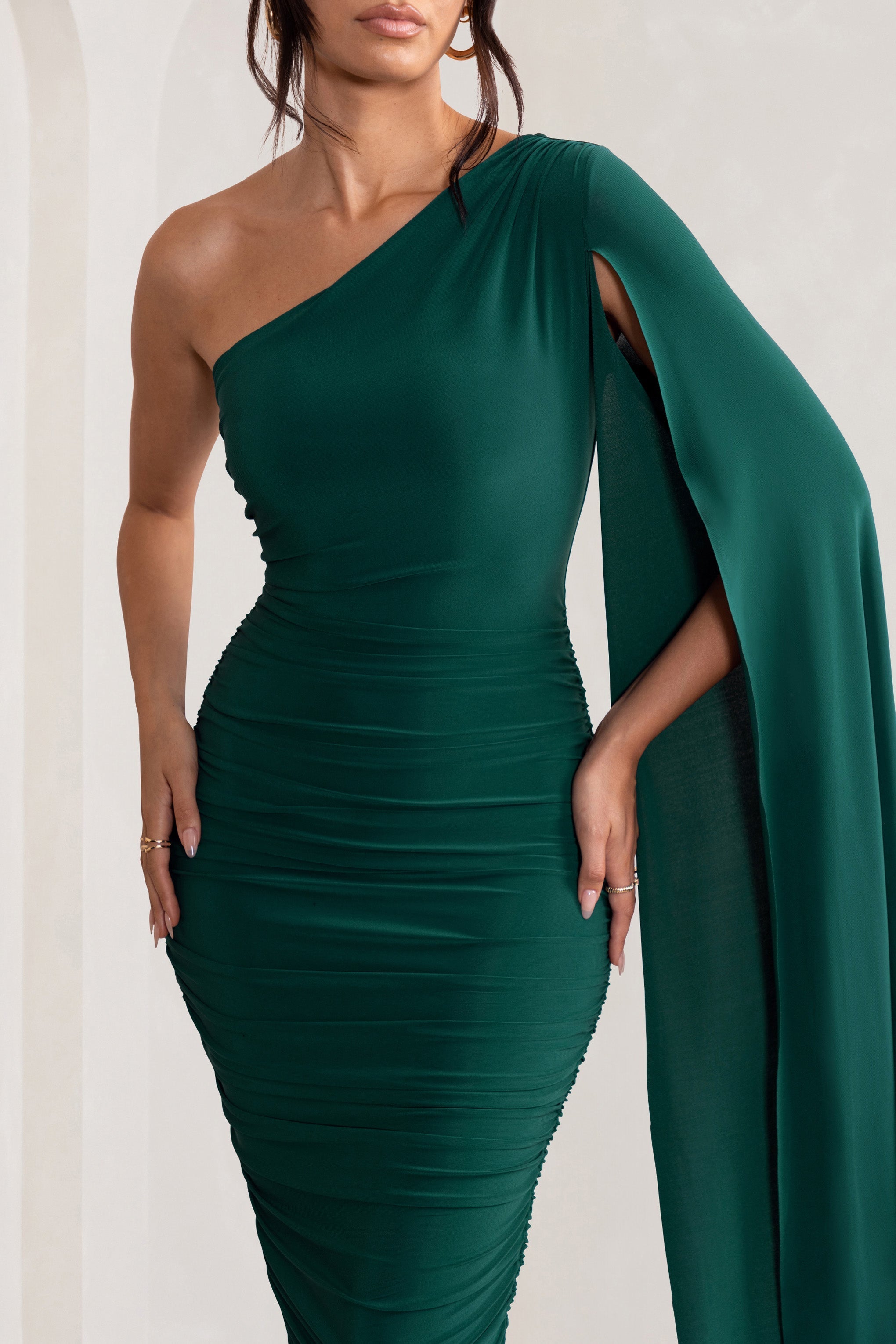 Yara Bottle Green One Shoulder Cape Ruched Midi Dress