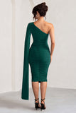 Yara Bottle Green One Shoulder Cape Ruched Midi Dress