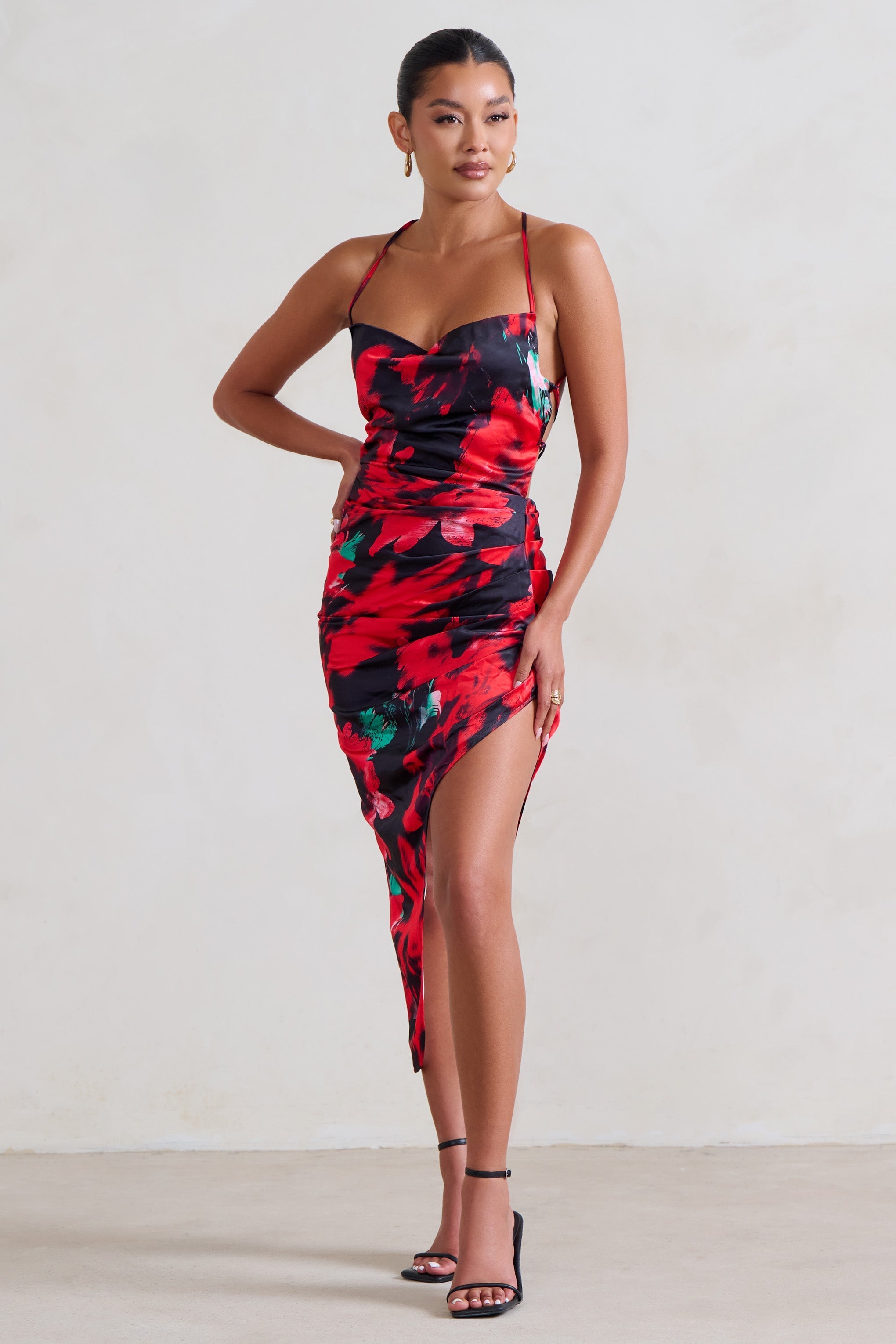 Risk It All Black & Red Floral Print Cami Cowl Neck Asymmetric Hem Dress