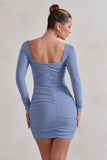 Muse Cornflower Blue Long Sleeve Square Neck Ruched Mini Dress