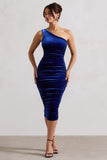Back For More Cobalt Blue One Shoulder Ruched Midi Dress
