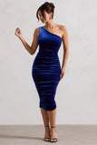 Back For More Cobalt Blue One Shoulder Ruched Midi Dress