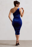 Back For More Cobalt Blue One Shoulder Ruched Midi Dress