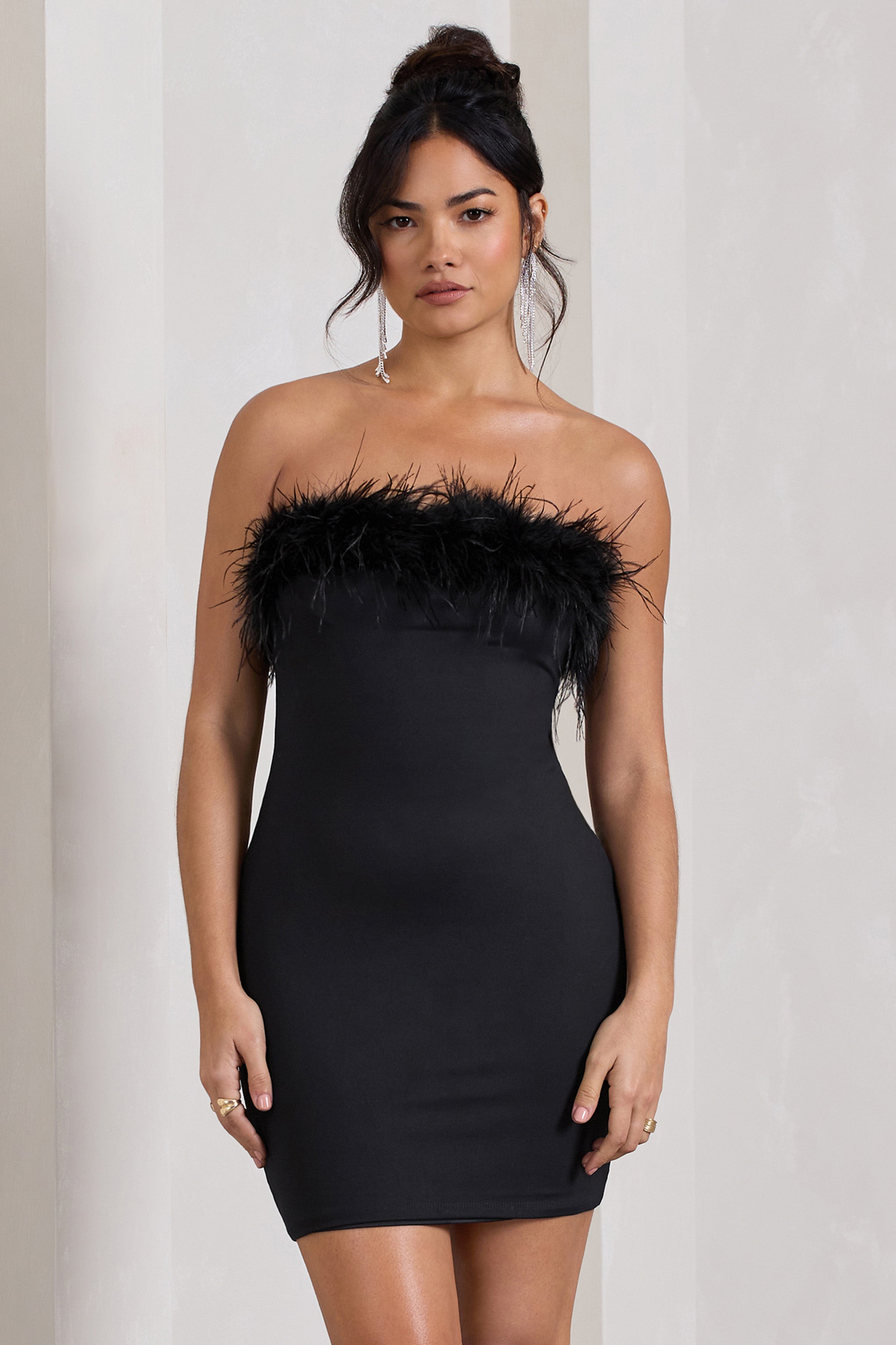 Stop The Show Black Feather Trim Bandeau Mini Dress