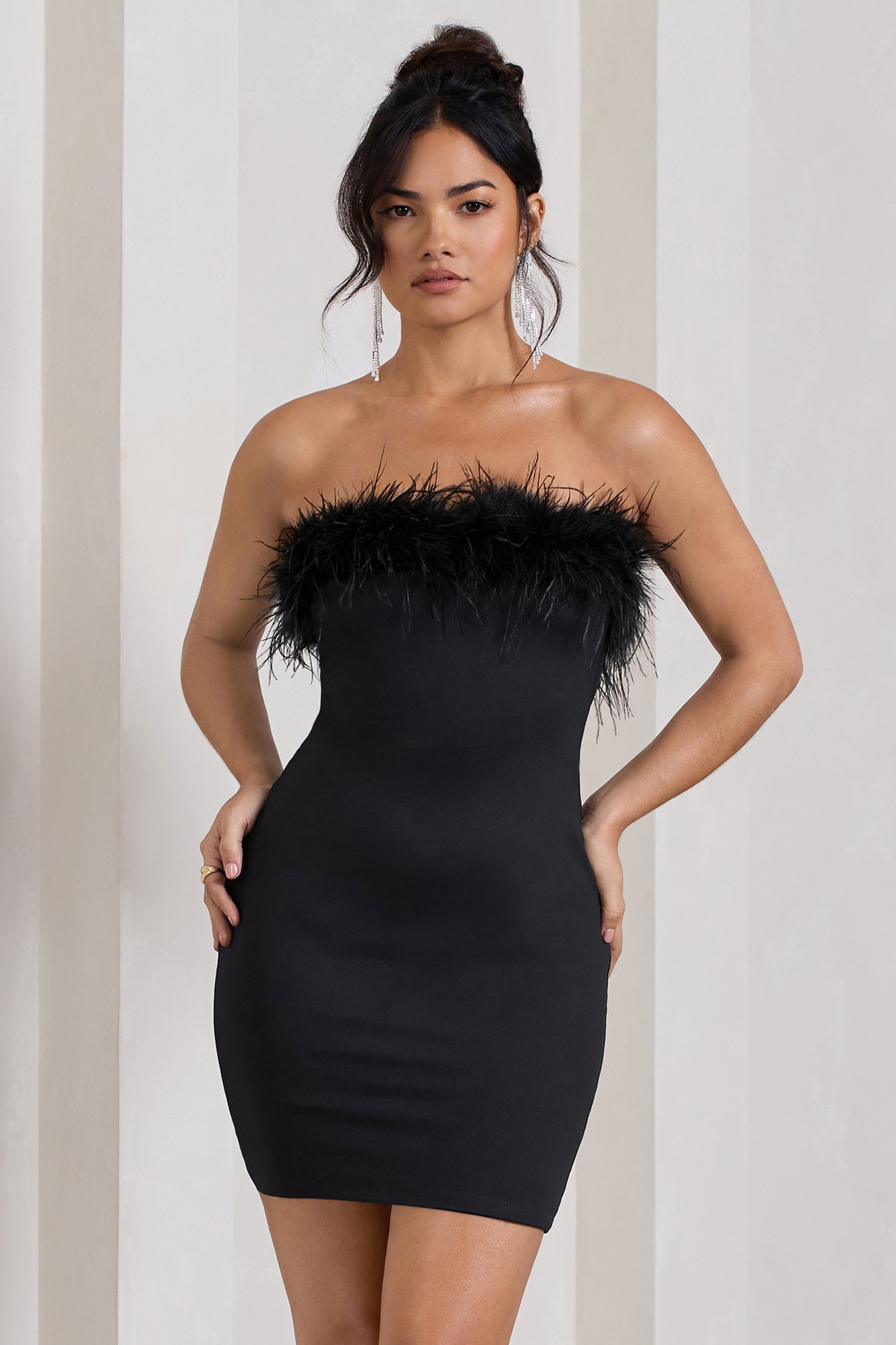 Stop The Show Black Feather Trim Bandeau Mini Dress