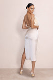 Look At Me Champagne Satin Side Split Midi Skirt