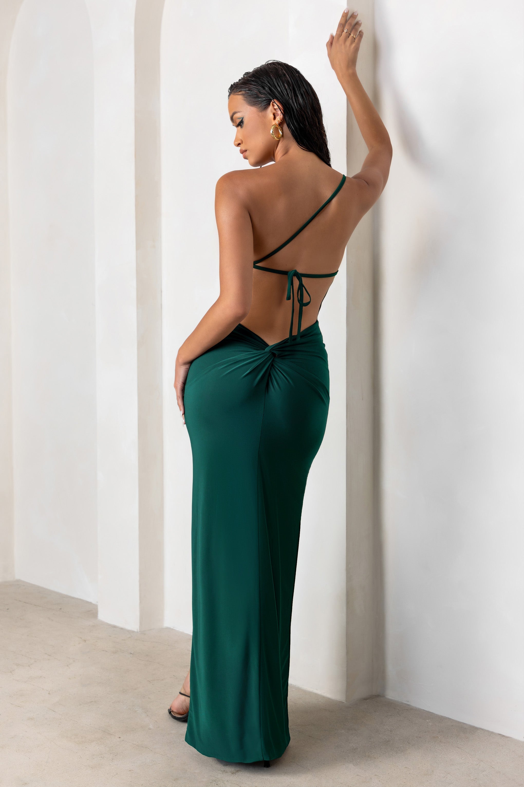 Dressing Up Bottle Green One Shoulder Maxi Dress With Open Back Detail