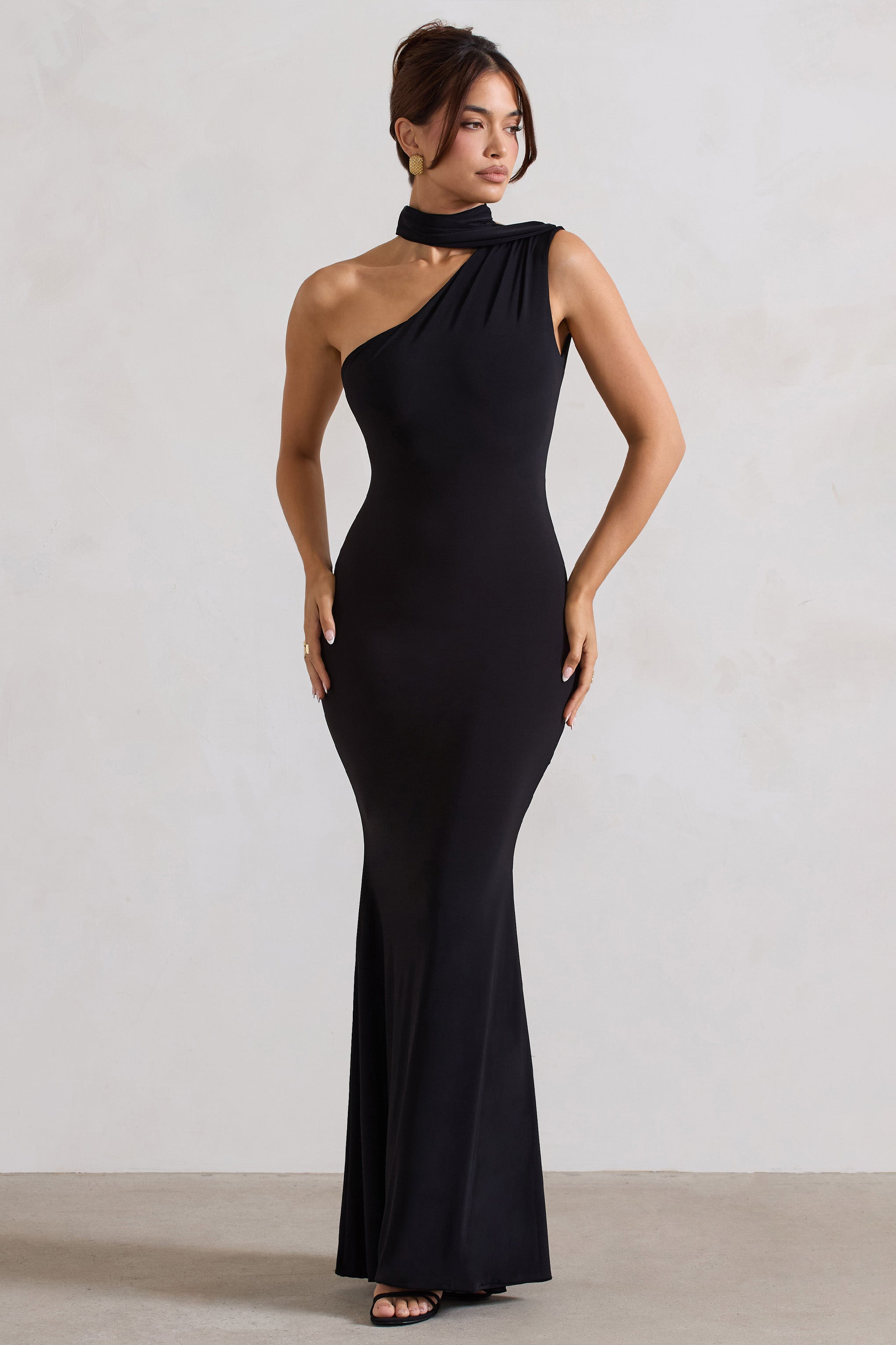 Capucine Black One Shoulder Draped Maxi Dress
