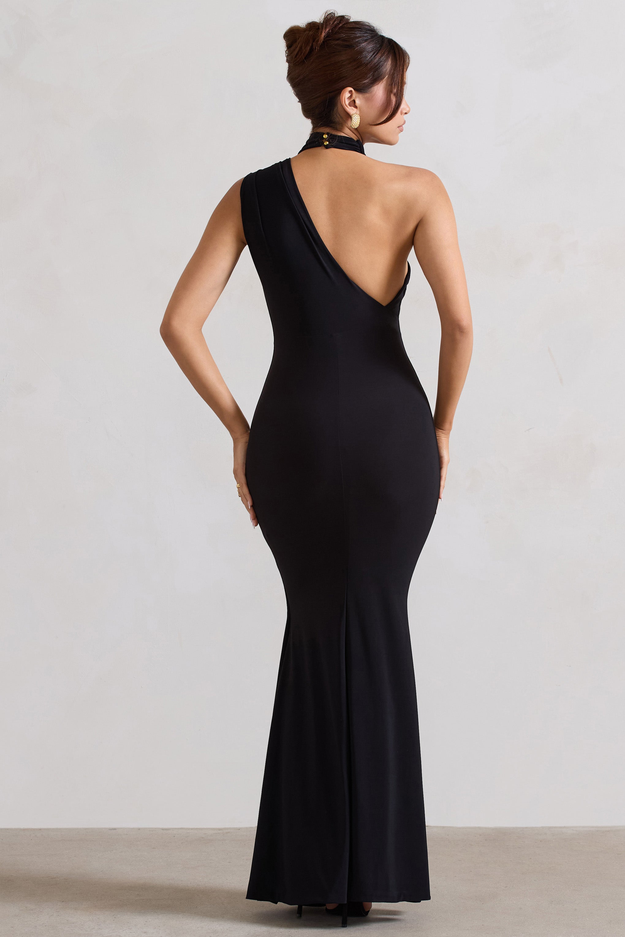 Capucine Black One Shoulder Draped Maxi Dress