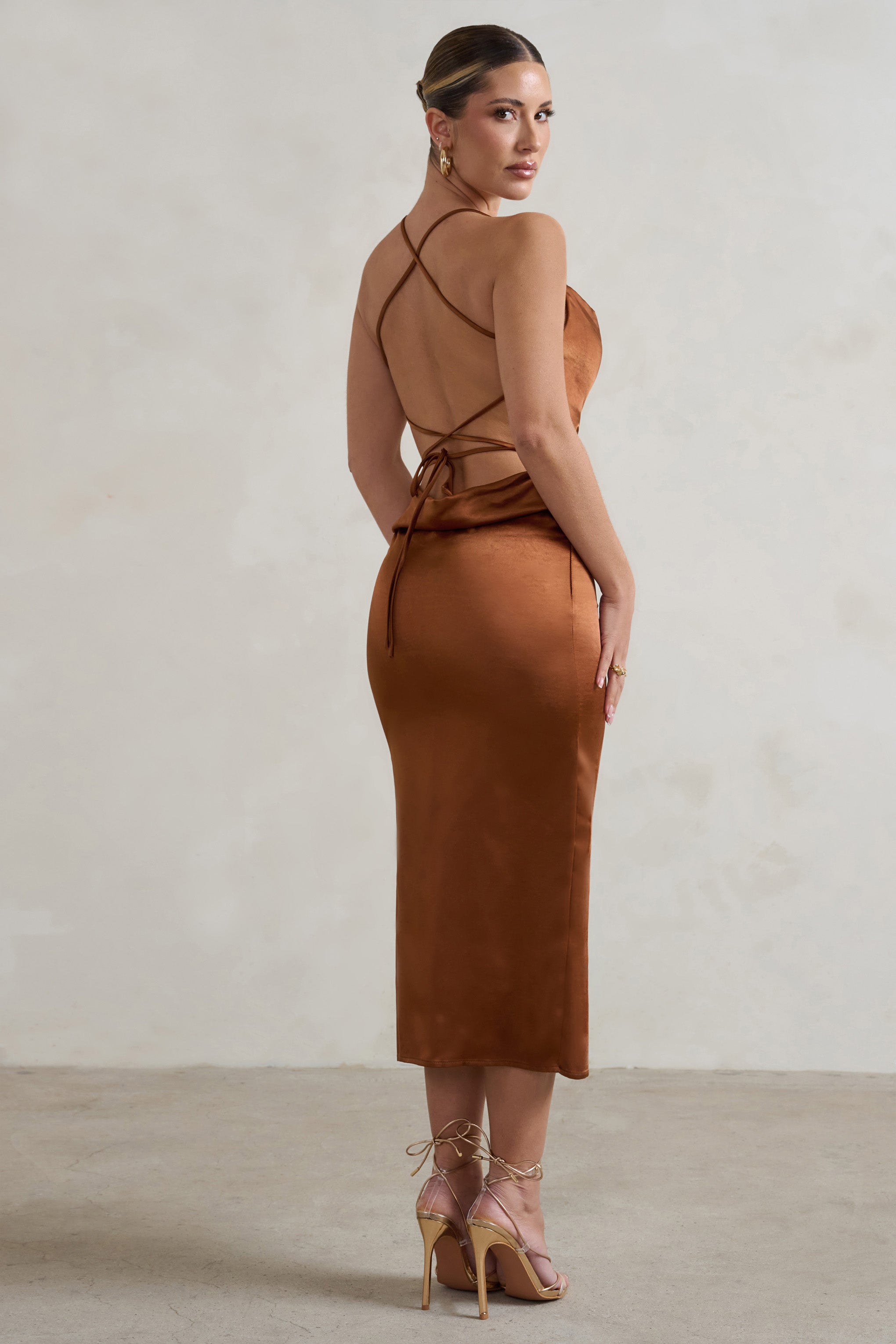 Aja Copper Cowl Cami Midi Dress With Waist Tie