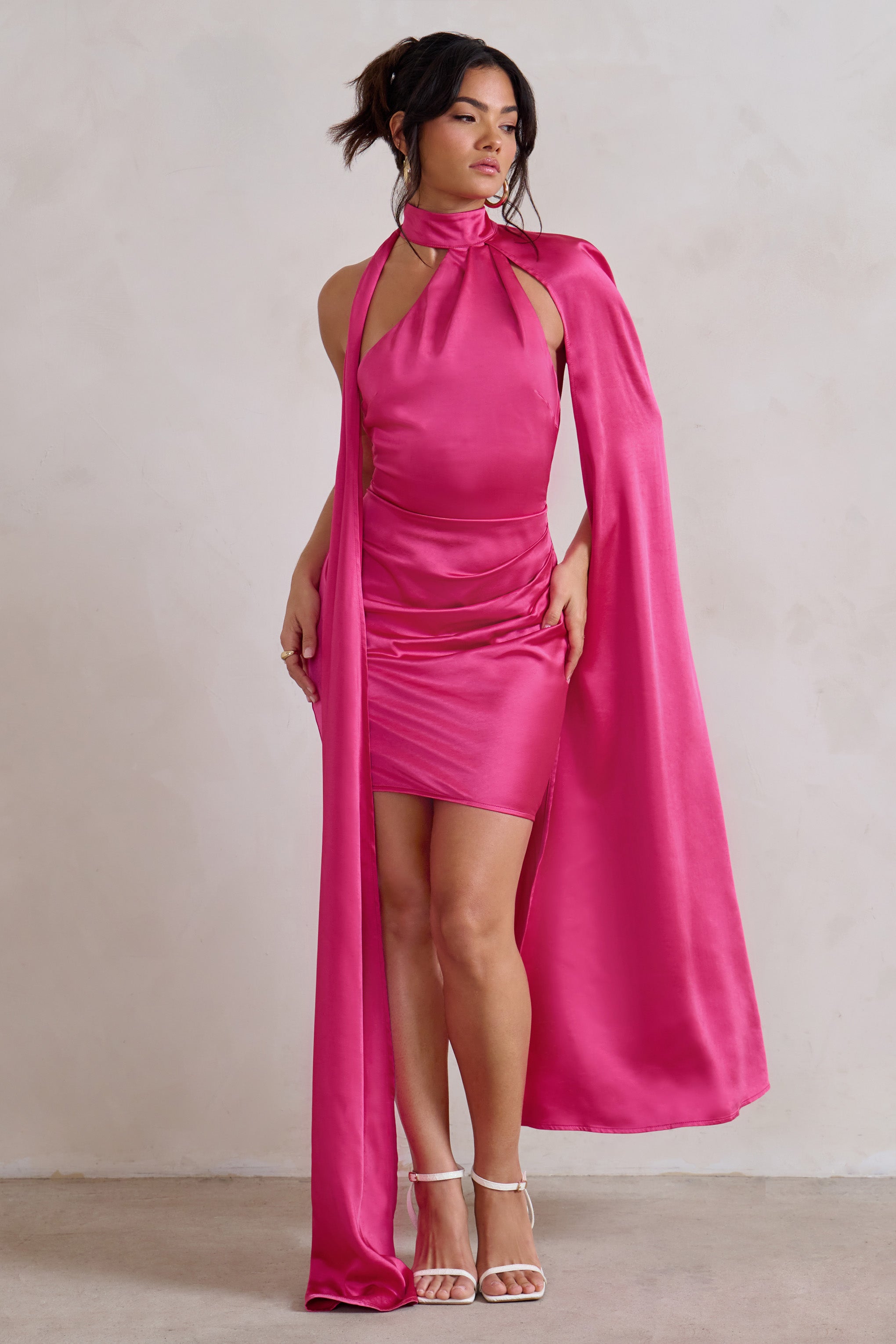 Laurelie Hot Pink Satin Statement Cape Design Mini Dress