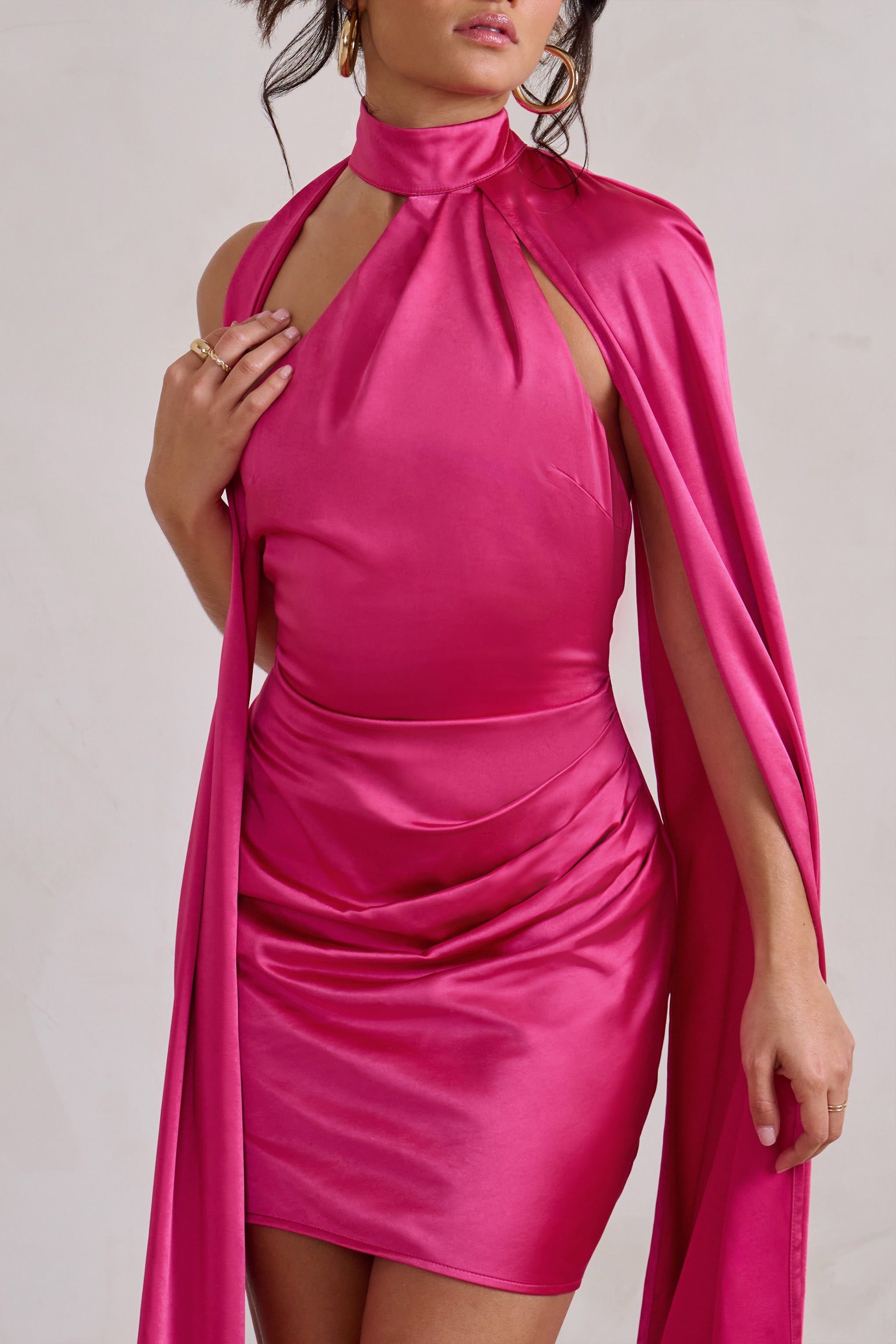 Laurelie Hot Pink Satin Statement Cape Design Mini Dress