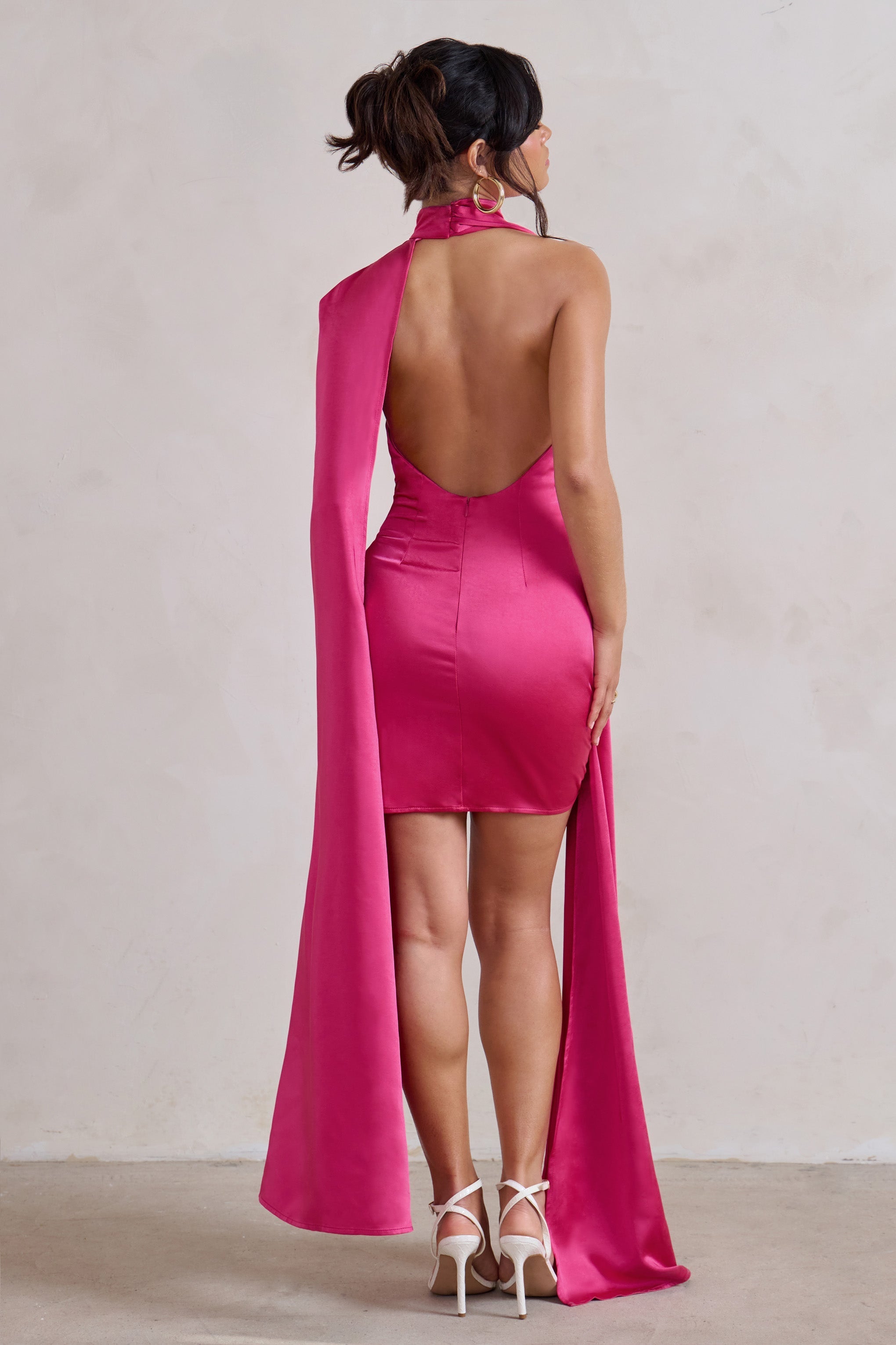 Laurelie Hot Pink Satin Statement Cape Design Mini Dress
