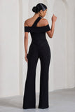 Striking Black Strappy Asymmetric Flared-Leg Jumpsuit