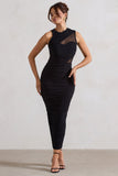Born With It Black Sleeveless High-Neck Draped Maxi Dress With Mesh Inserts