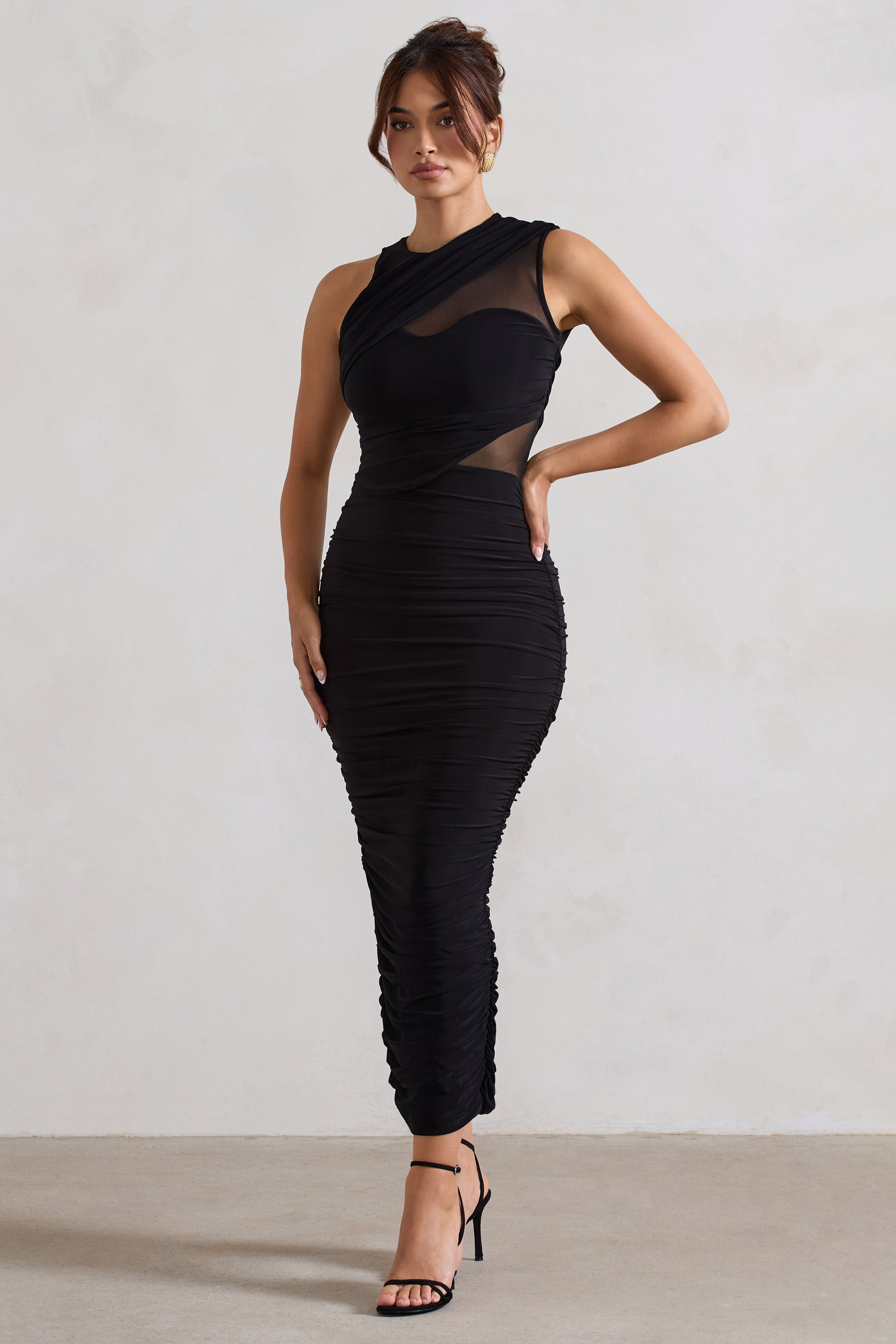Born With It Black Sleeveless High-Neck Draped Maxi Dress With Mesh Inserts