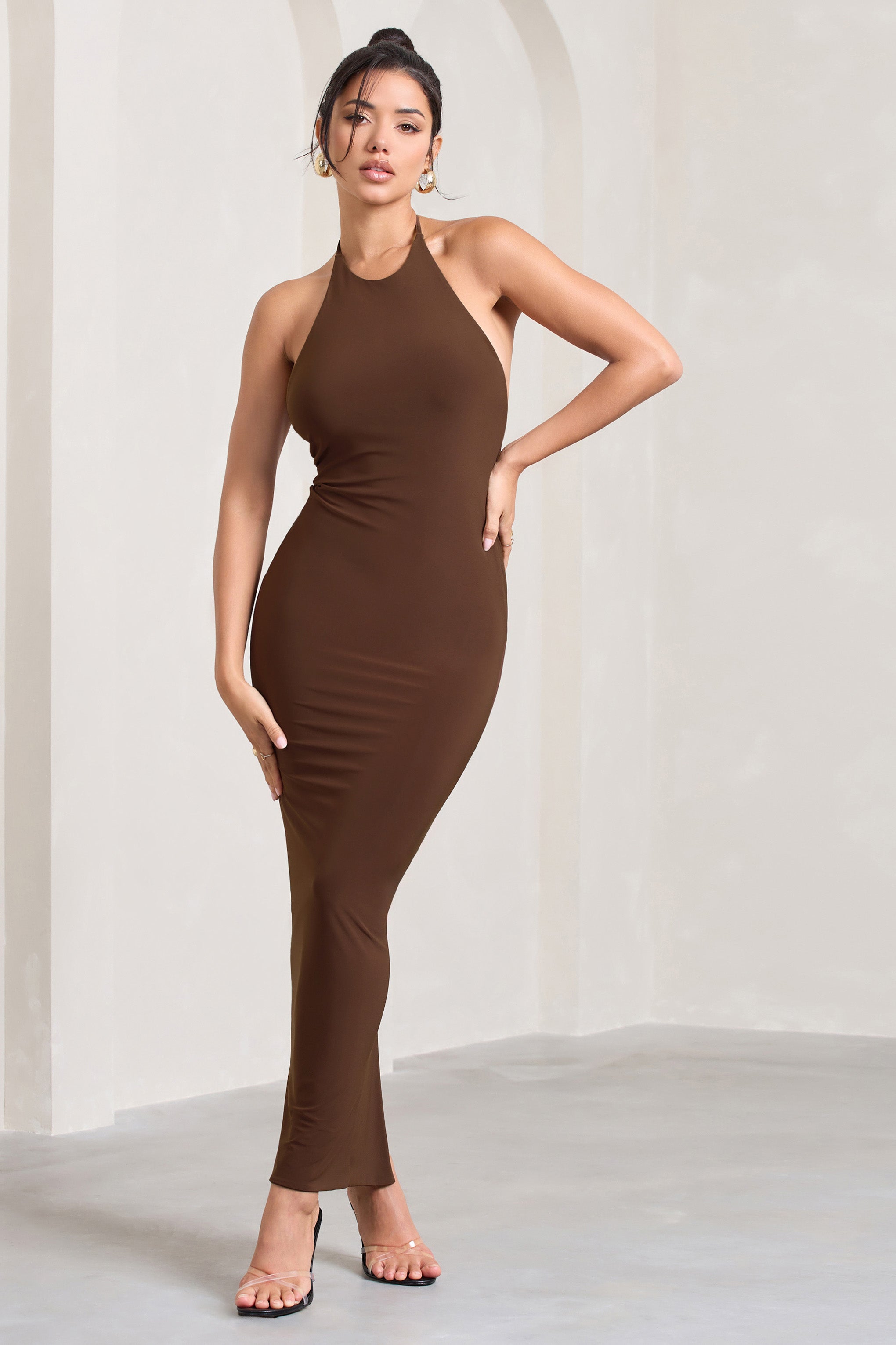 Kirsten Chocolate Sleeveless Halter-Neck Open-Back Knot Maxi Dress