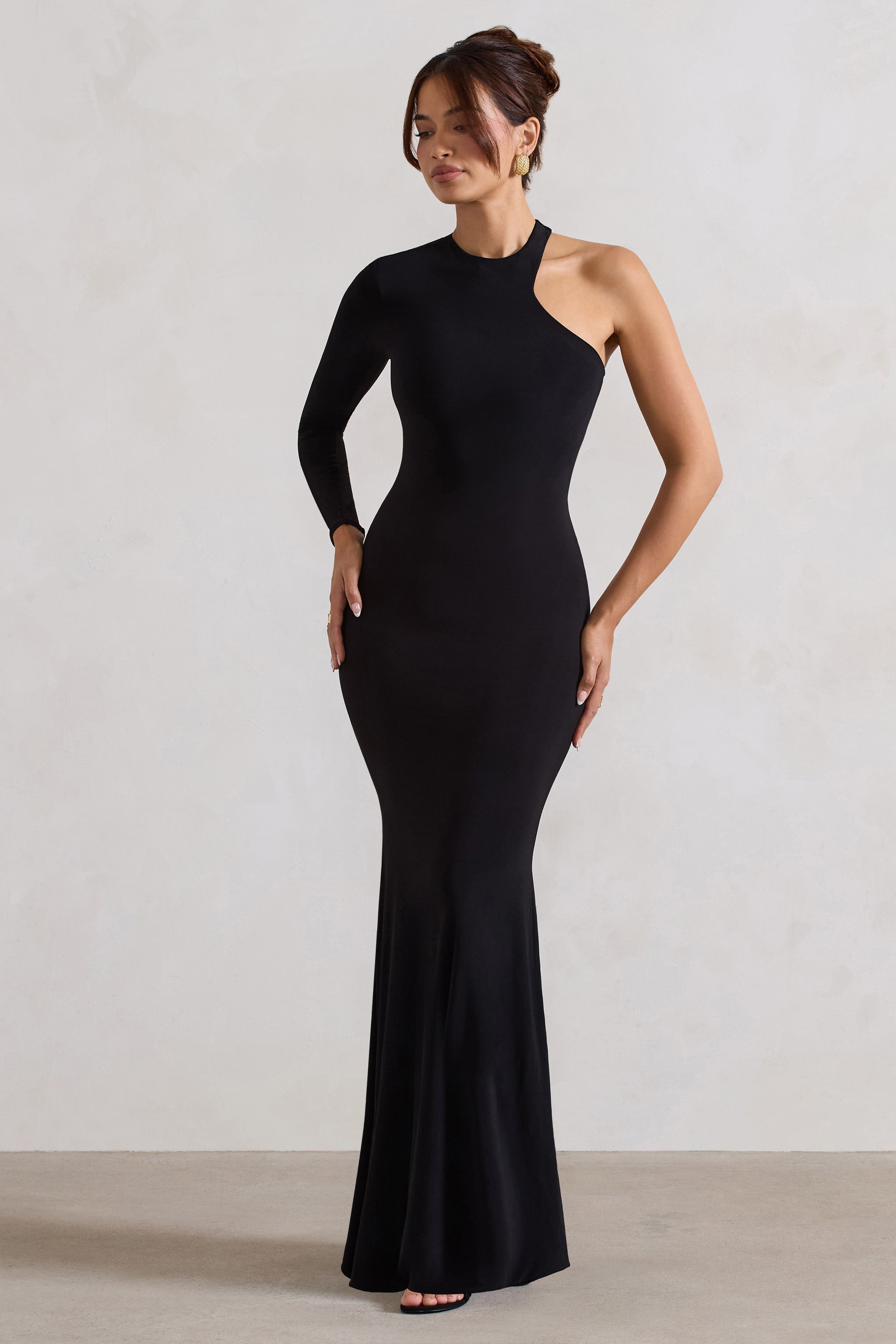 Tyra Black Asymmetric Neck Cut Out Maxi Dress With Open Back Detail