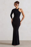 Tyra Black Asymmetric Neck Cut Out Maxi Dress With Open Back Detail