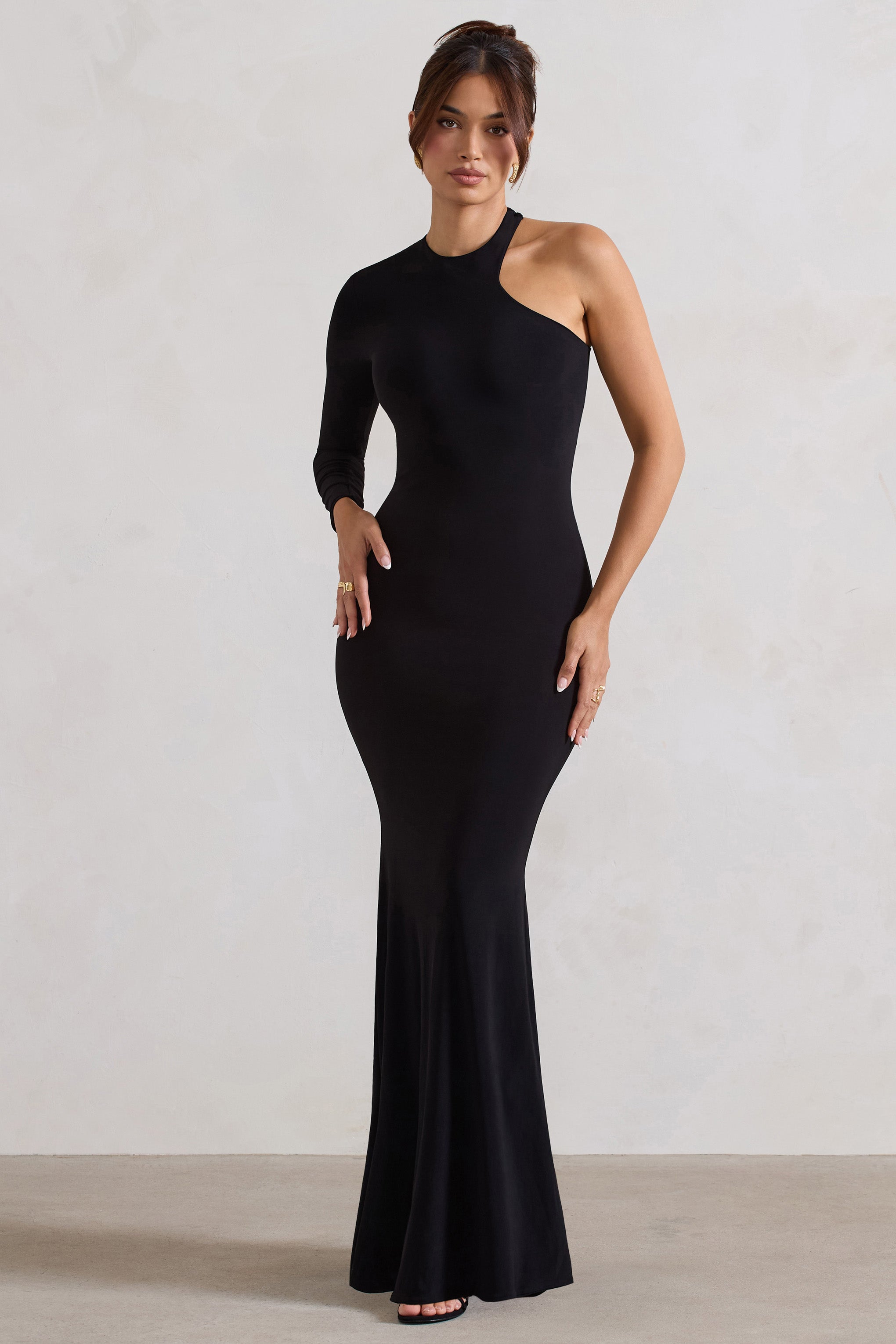 Tyra Black Asymmetric Neck Cut Out Maxi Dress With Open Back Detail