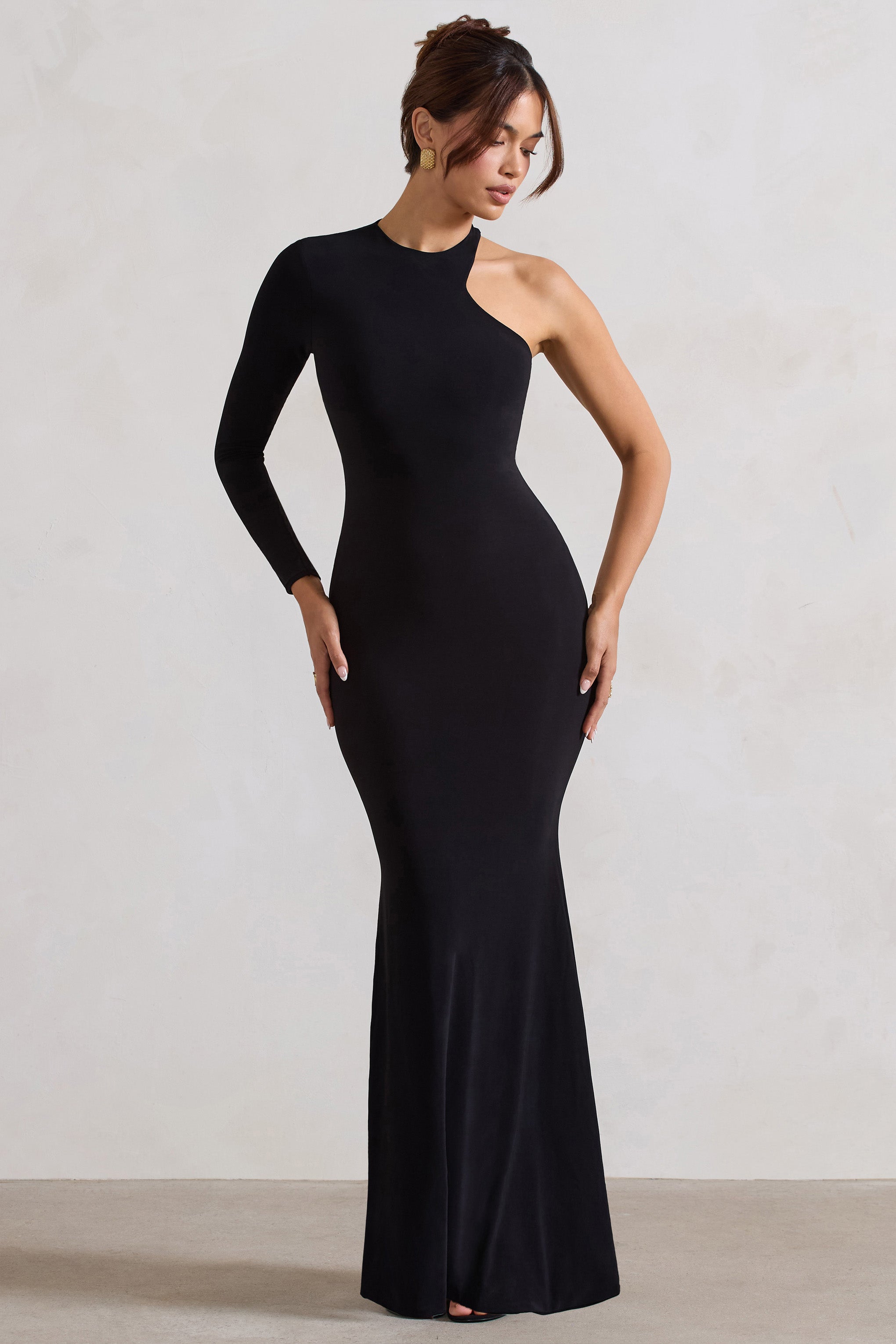 Tyra Black Asymmetric Neck Cut Out Maxi Dress With Open Back Detail