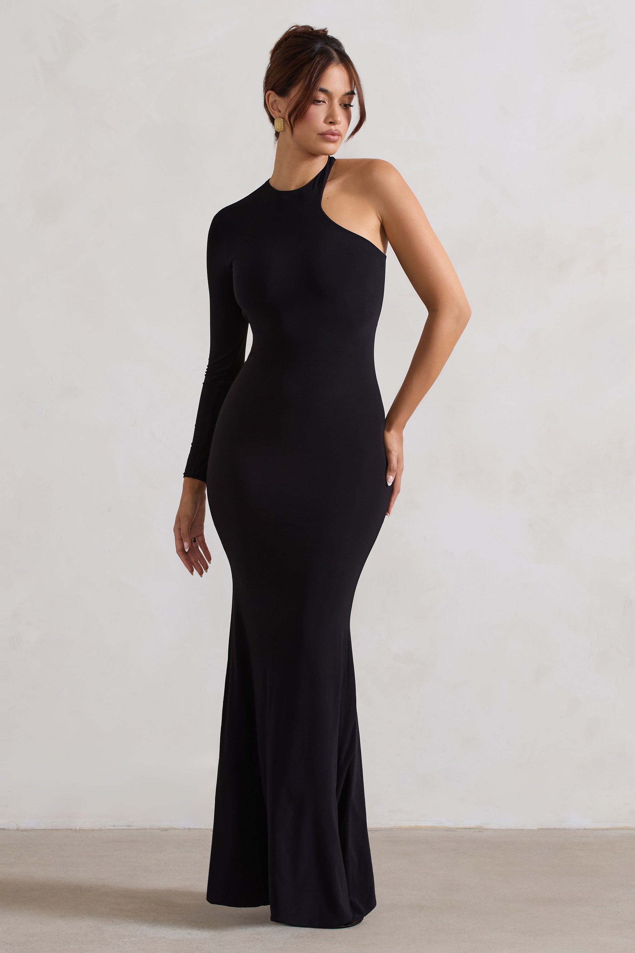 Tyra Black Asymmetric Neck Cut Out Maxi Dress With Open Back Detail