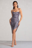 Anya Gunmetal Sequin Cami Cowl Neck Asymmetric Hem Midi Dress