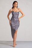 Anya Gunmetal Sequin Cami Cowl Neck Asymmetric Hem Midi Dress