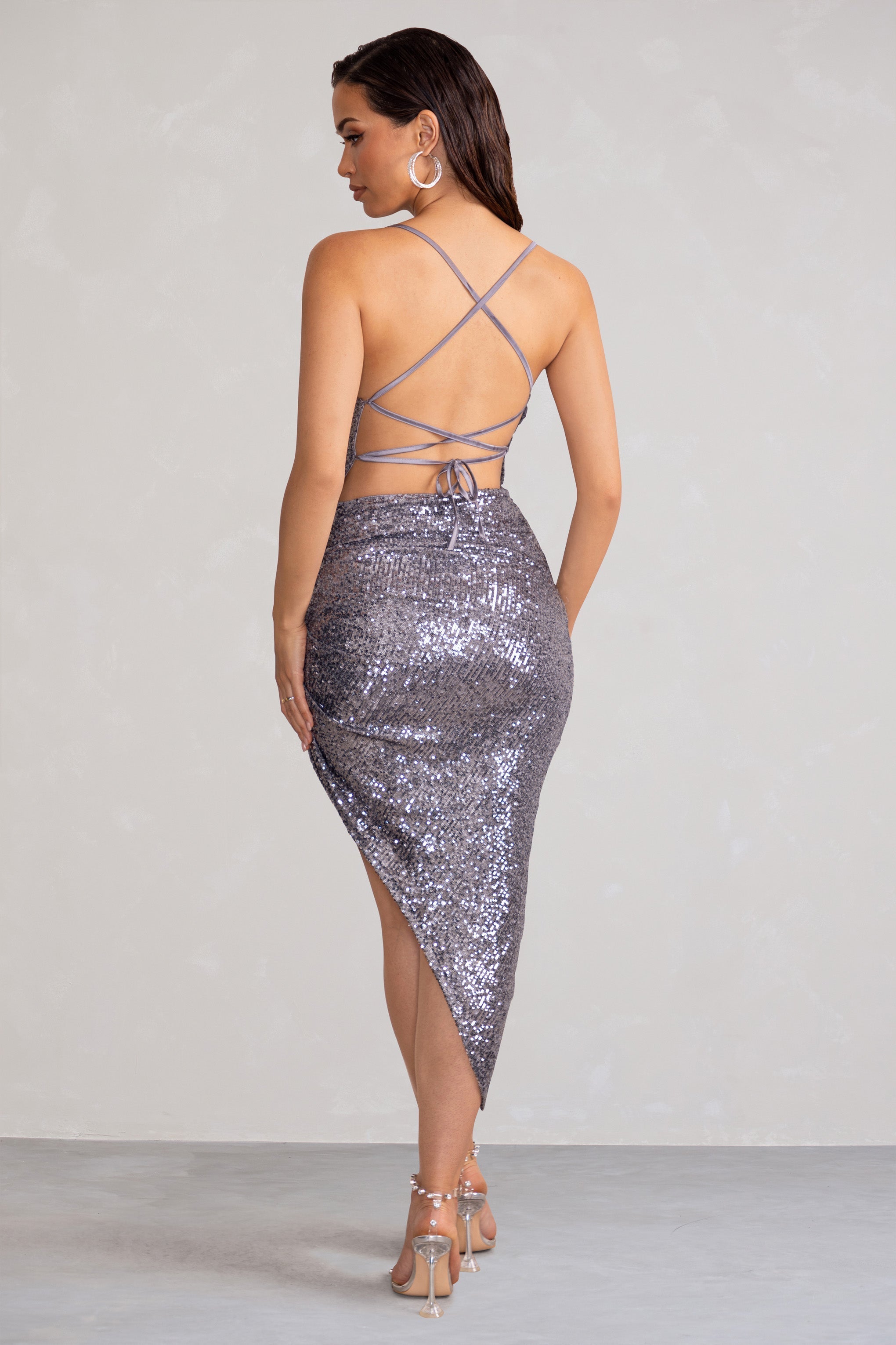 Anya Gunmetal Sequin Cami Cowl Neck Asymmetric Hem Midi Dress