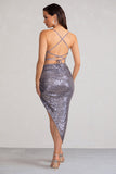 Anya Gunmetal Sequin Cami Cowl Neck Asymmetric Hem Midi Dress
