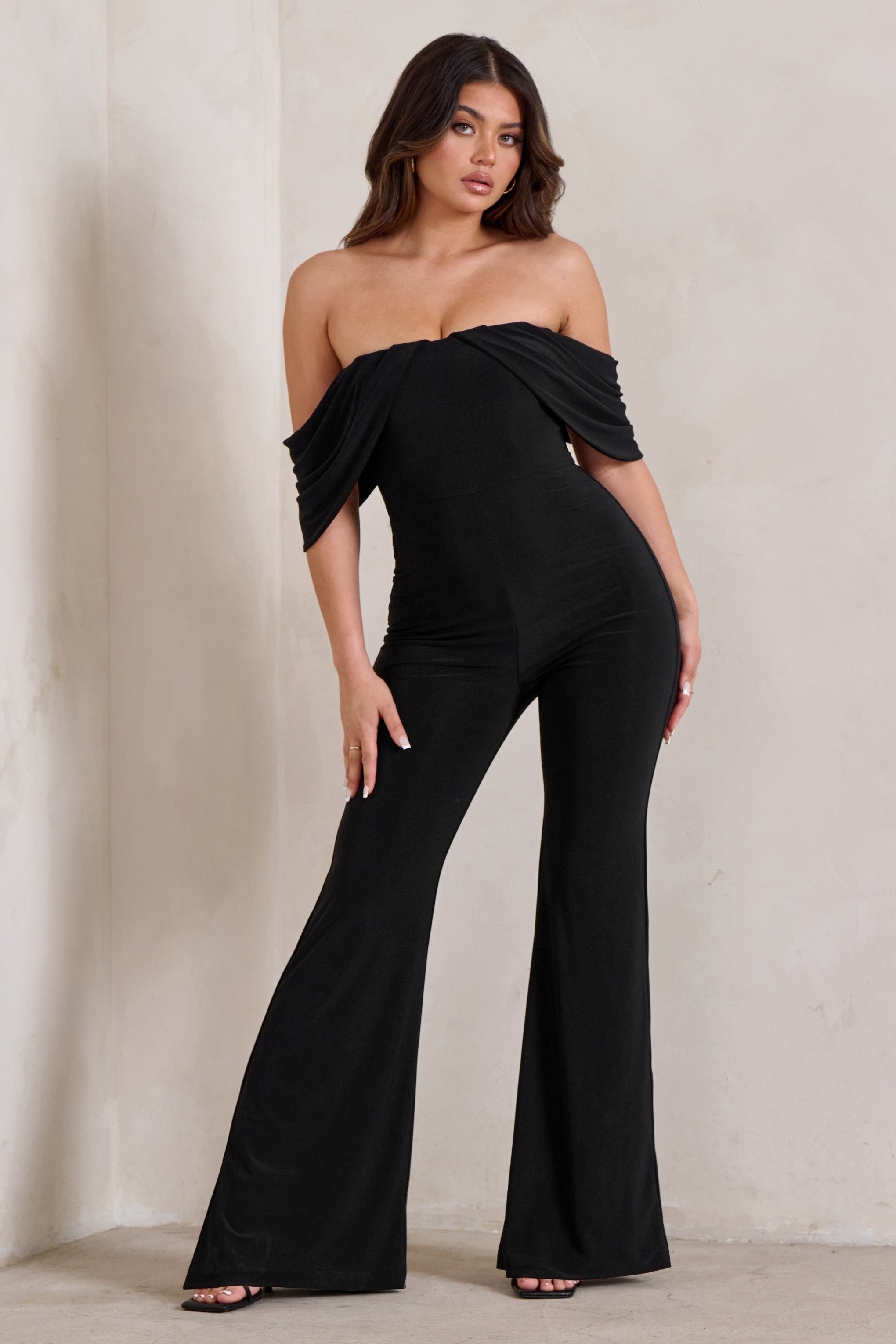 Bonnie Black Bardot Drape Sleeve Jumpsuit