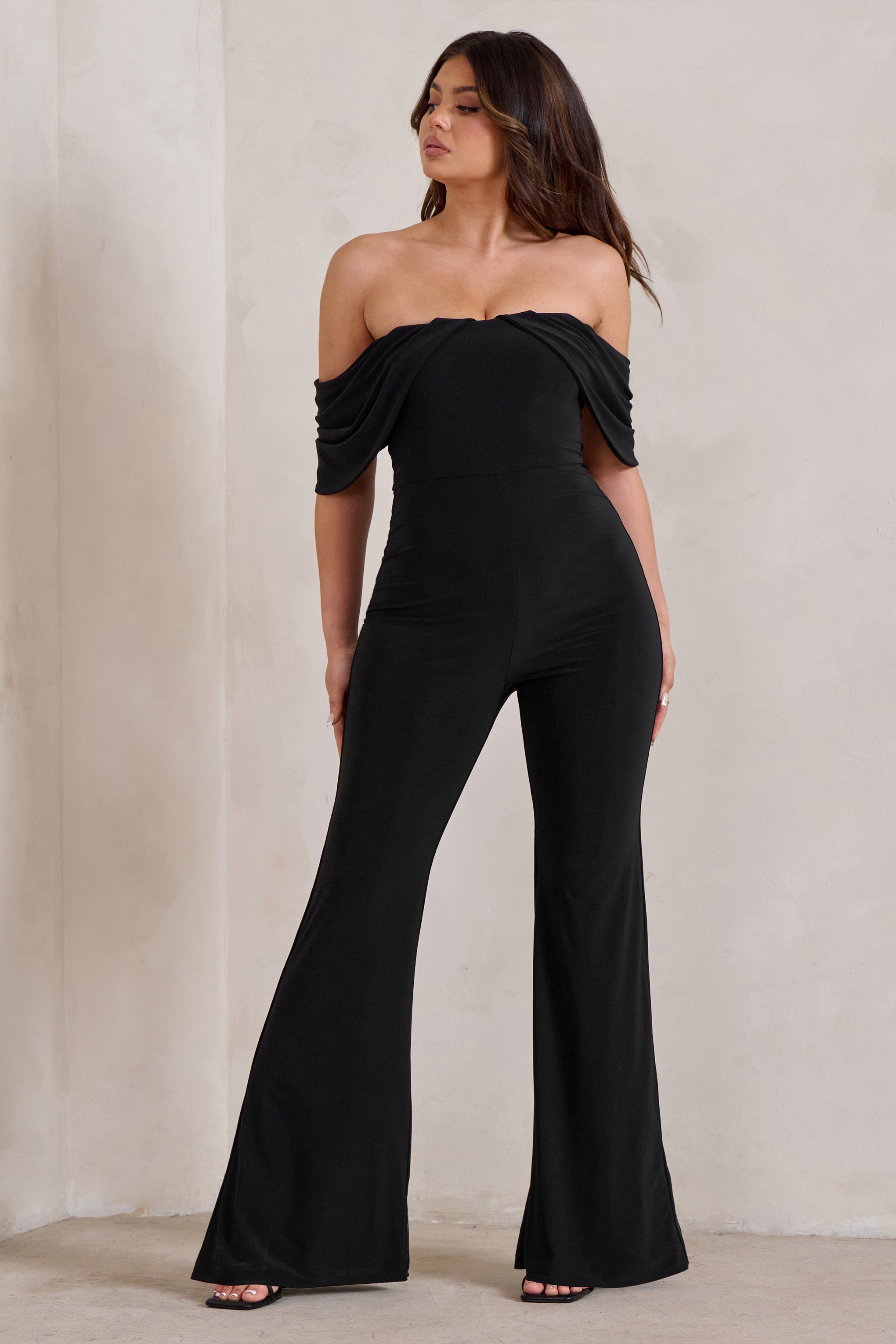 Bonnie Black Bardot Drape Sleeve Jumpsuit