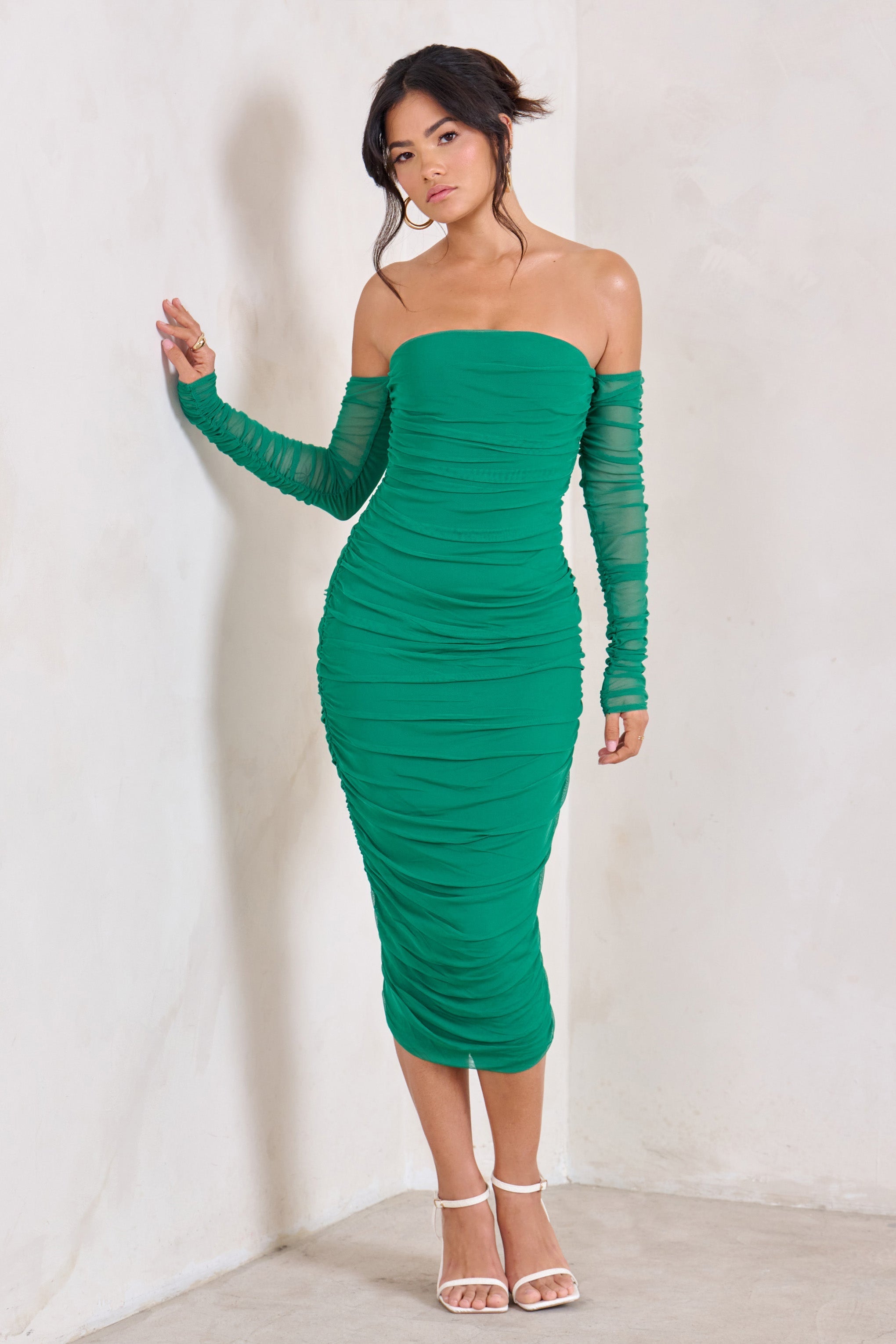 Sorella Green Ruched Mesh Bardot Midi Dress