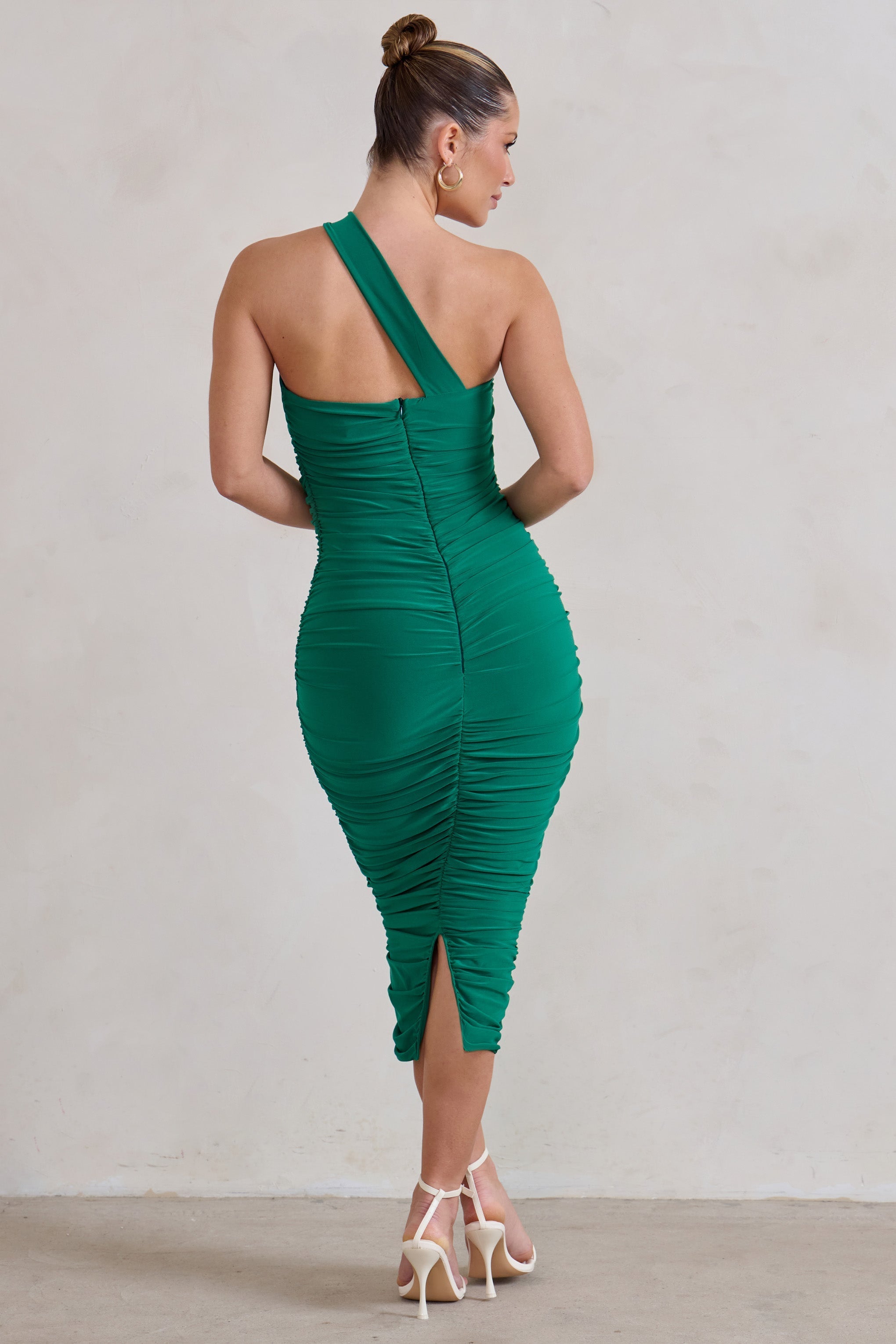 Connie Green Ruched Asymmetric Neckline Midi Dress