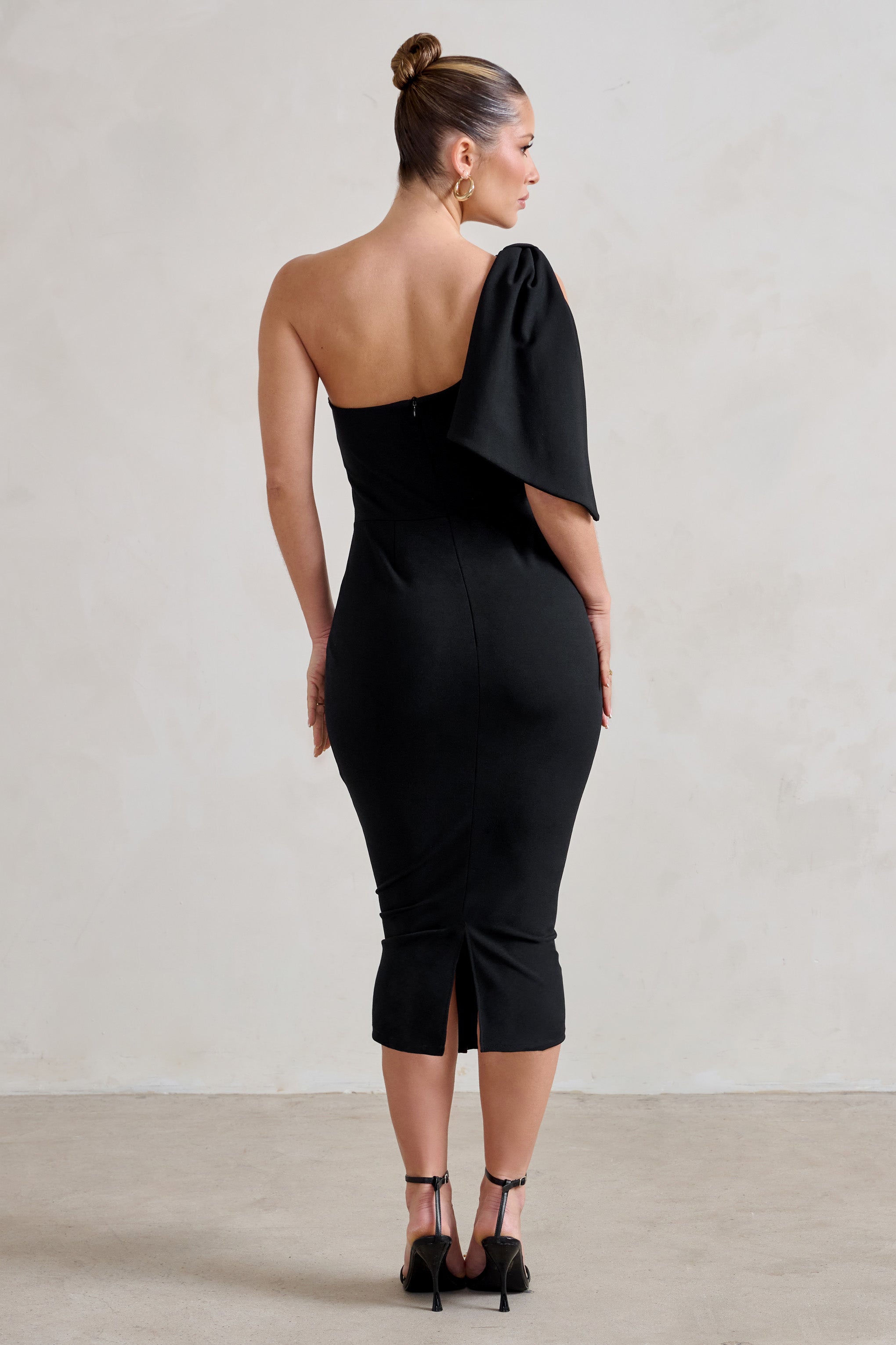 Samantha Black One Shoulder Bow Detail Midi Dress