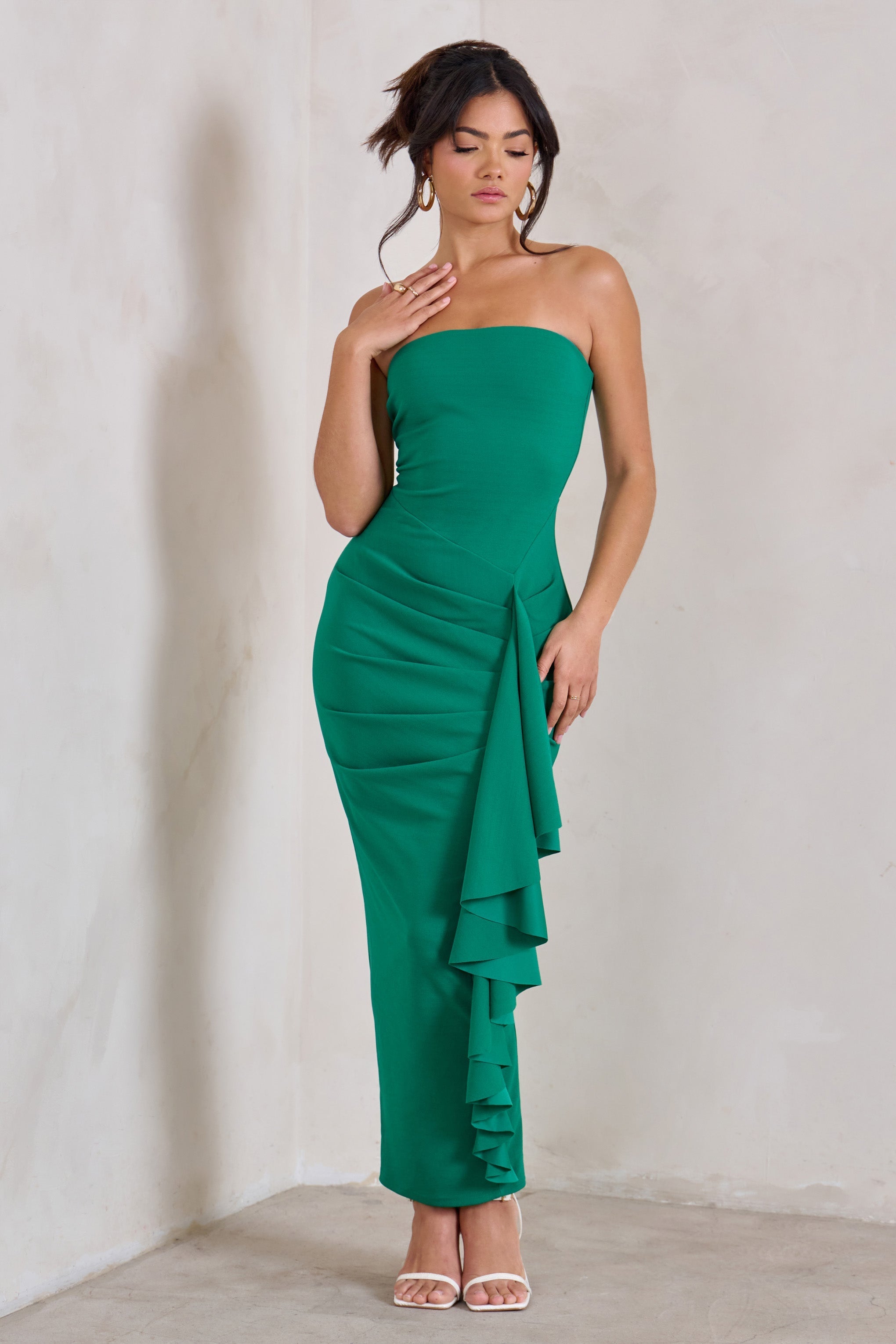 Fleur Green Bandeau Ruffle Maxi Dress