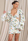 Limoncello Lemon Print Ruched Cut-Out Mini Dress With Puff Sleeves