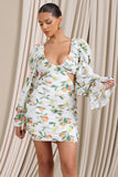 Limoncello Lemon Print Ruched Cut-Out Mini Dress With Puff Sleeves
