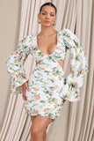 Limoncello Lemon Print Ruched Cut-Out Mini Dress With Puff Sleeves
