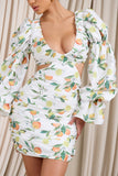 Limoncello Lemon Print Ruched Cut-Out Mini Dress With Puff Sleeves