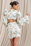 Limoncello Lemon Print Ruched Cut-Out Mini Dress With Puff Sleeves