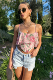 Lost In Your Love Pink Floral Print Asymmetric Corset Top With Draped Chiffon Sleeve