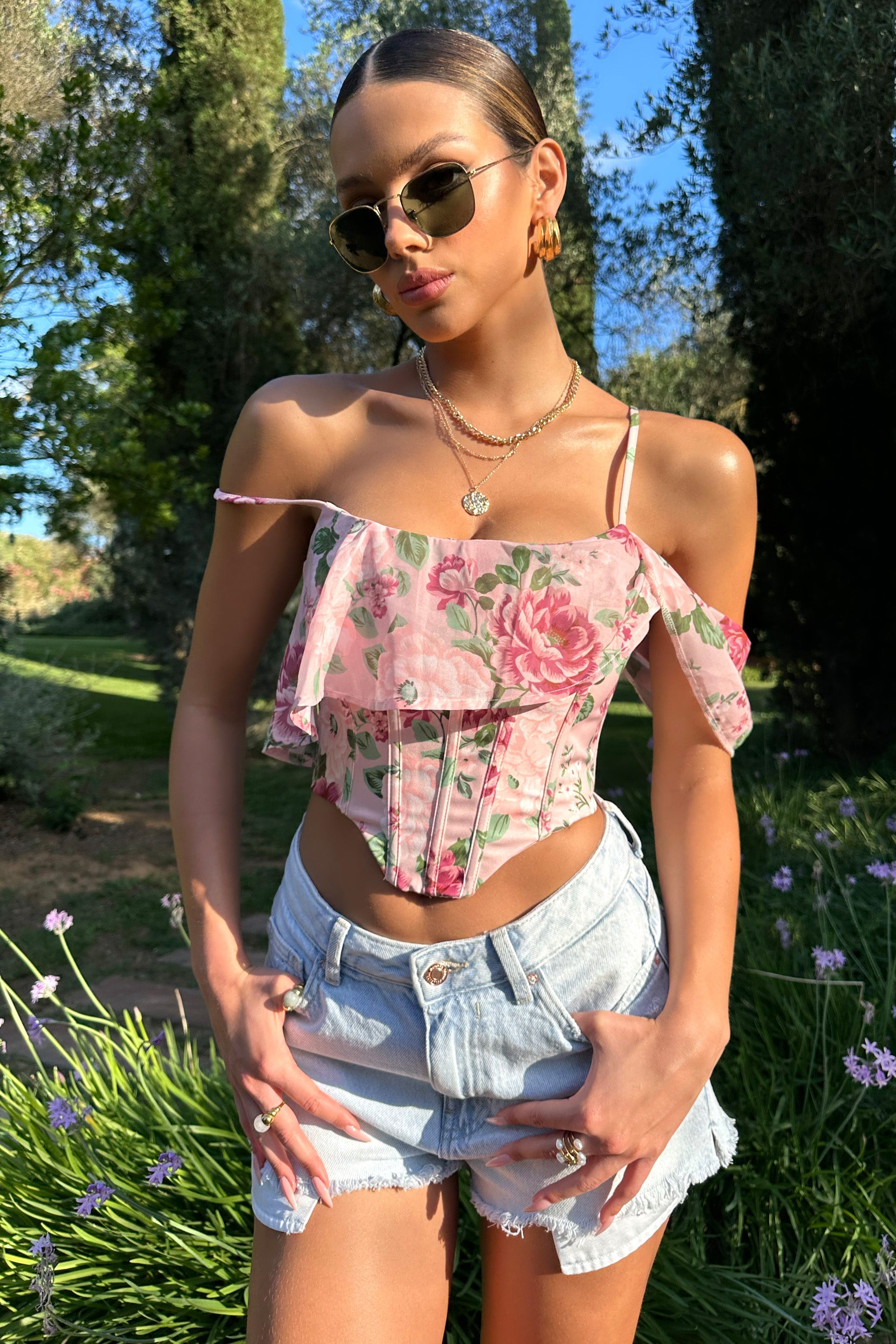 Lost In Your Love Pink Floral Print Asymmetric Corset Top With Draped Chiffon Sleeve