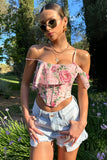 Lost In Your Love Pink Floral Print Asymmetric Corset Top With Draped Chiffon Sleeve