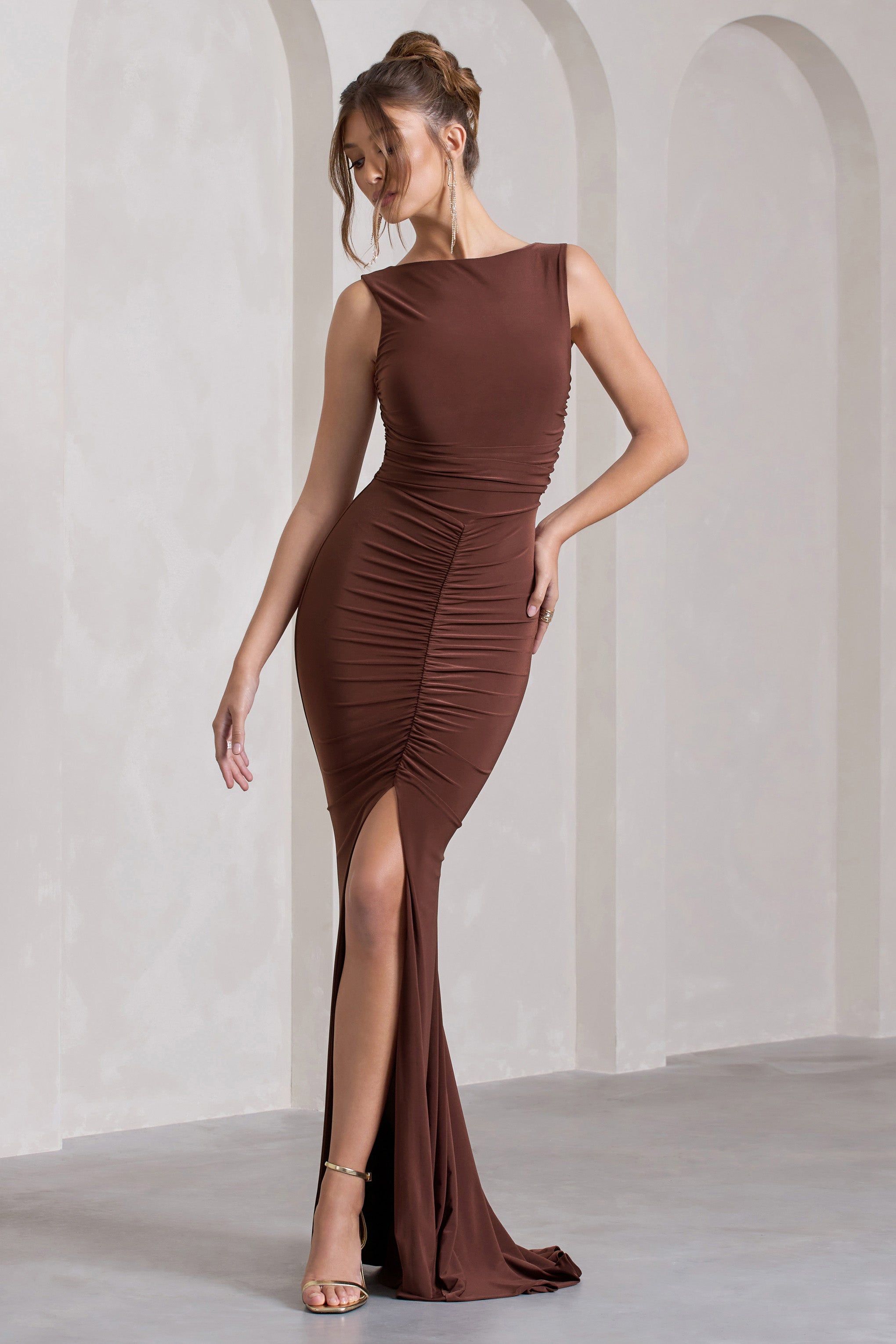 My Presence Chocolate Brown Low-Back Fishtail Split Maxi Dress