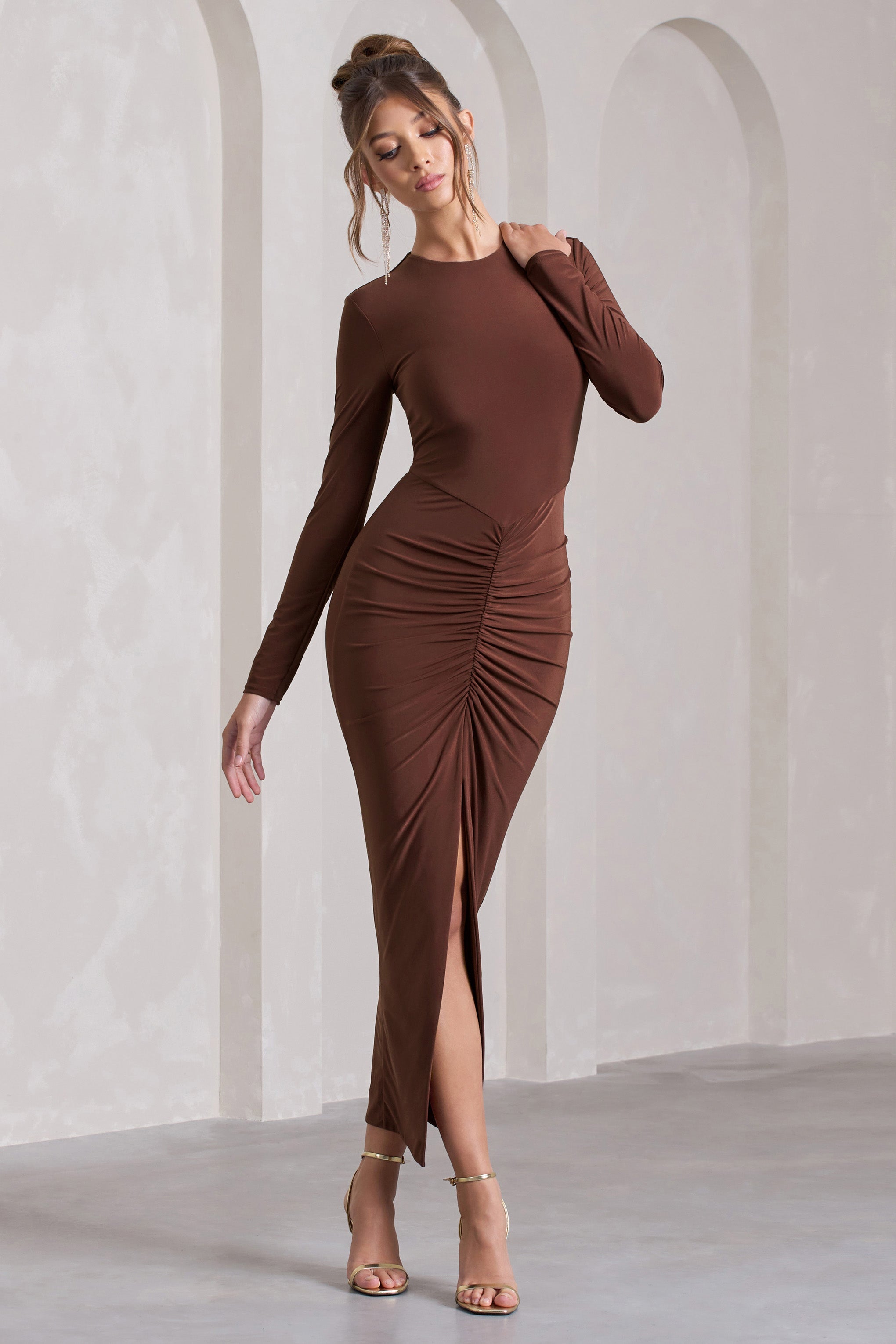 Katy Chocolate Ruched Long-Sleeve Split Maxi Dress