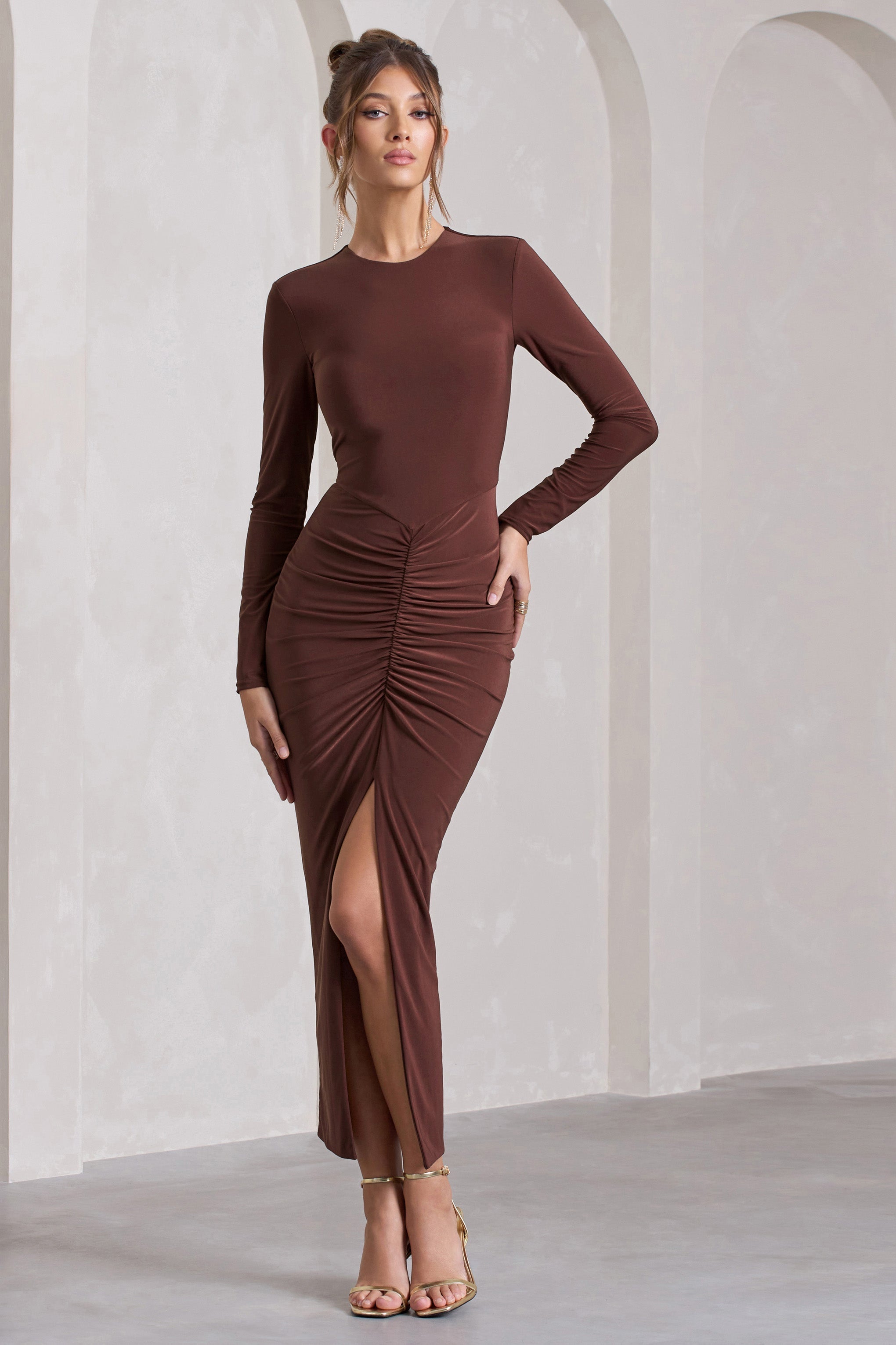 Katy Chocolate Ruched Long-Sleeve Split Maxi Dress