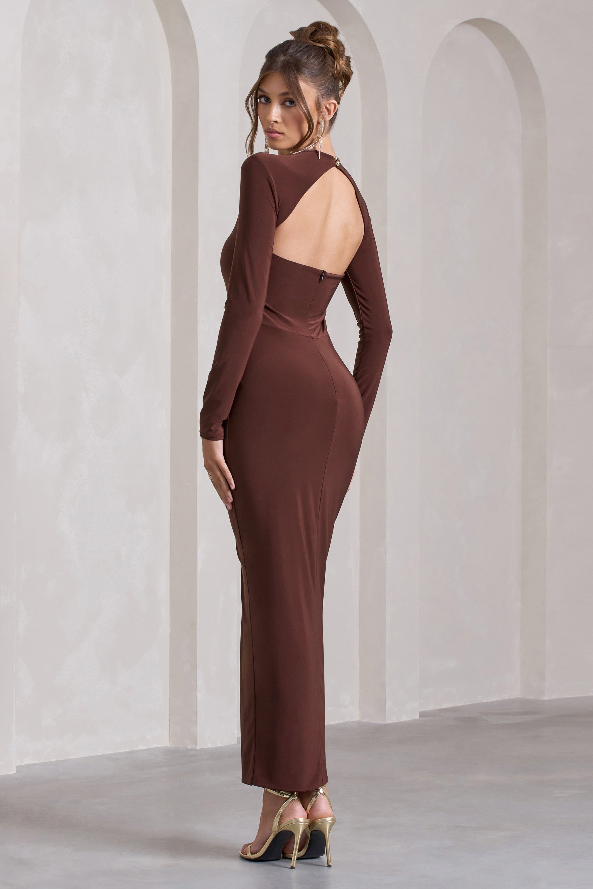 Katy Chocolate Ruched Long-Sleeve Split Maxi Dress