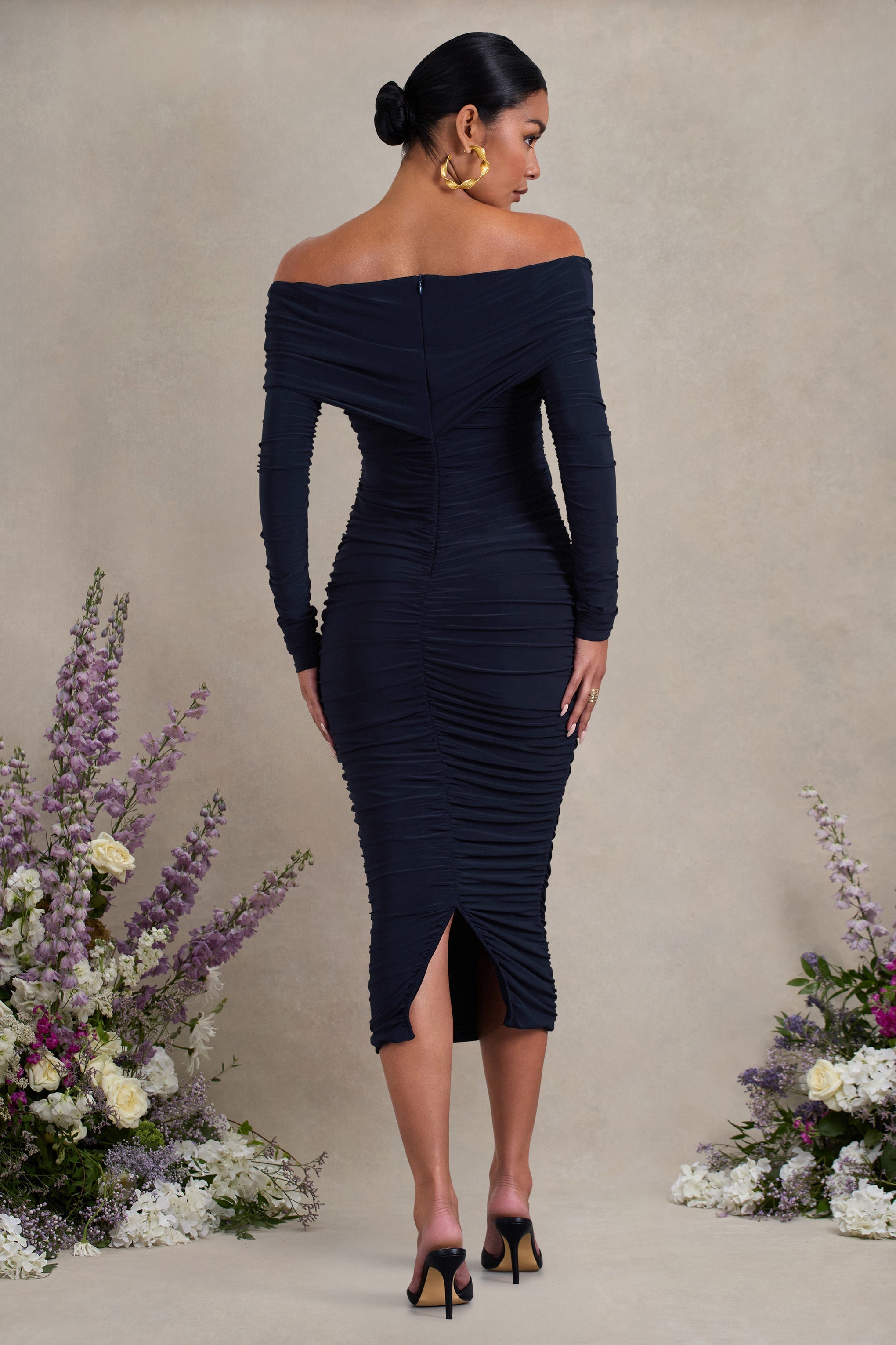 Davina Navy Ruched Twist Bardot Long-Sleeve Maternity Midi Dress